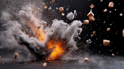 Dynamic explosion with flying debris captured in motion on a dark background, illustrating force and chaos.