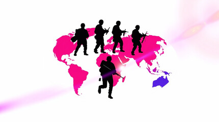 Bright, vibrant logo featuring silhouetted soldiers on a colorful world map, symbolizing global military presence