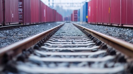 Fototapeta premium Shipping containers lined up at a rail depot ready for transport.