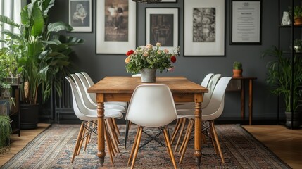Elegant dining room with wooden table and white chairs in cozy decor setting