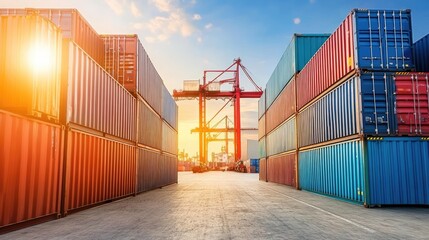 Fototapeta premium Stacked colorful shipping containers at a busy industrial port.