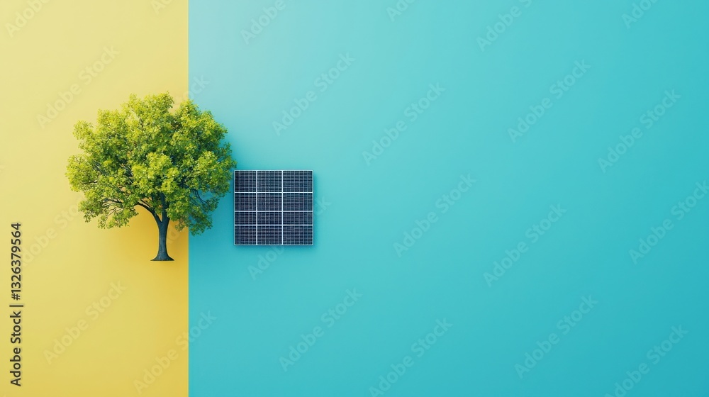 Canvas Prints a solar panel and a tree growing side by side in harmony
