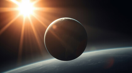 Obraz premium Intense jet black, soft dreamy atmosphere with a bright lens flare and light streaks across a hazy planet Earth. Concept protecting