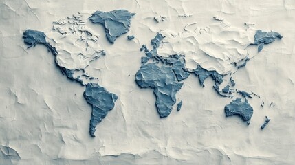 Textured blue and white paper world map with raised continents