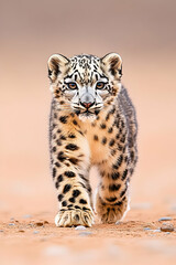 Obraz premium Adorable snow leopard cub strolls across a sandy landscape