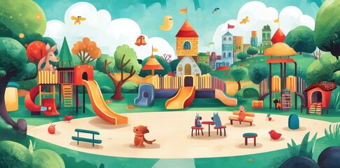 A colorful and whimsical illustration depicts a playful outdoor park scene