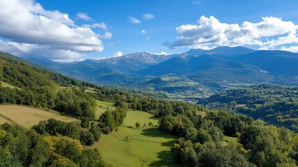 Scenic Mountain Valley Landscape with Meadows and Cloudy Sky