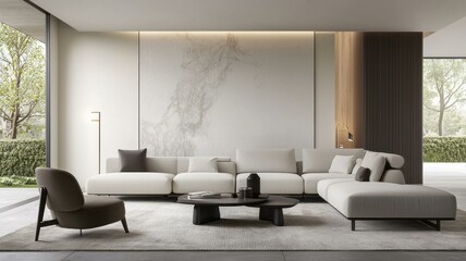 Fototapeta premium Elegant modern living room with sleek furniture, neutral tones, and large windows overlooking greenery.