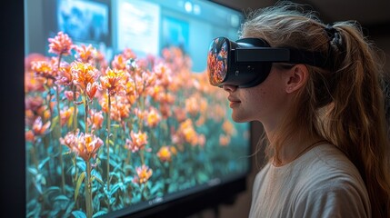 Girl wearing VR headset experiencing virtual flowers.