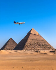 Ancient Egypt, a plane flies over pyramids