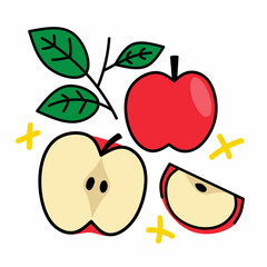 Drawing of red apples in different forms, whole, sliced, and leaves with a simple and playful style. Perfect for fruit-themed design promoting health and wellness.