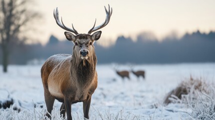 Fototapeta premium Majestic Red Deer Stag Standing Proudly in a Frosty Winter Landscape with Distant Deer