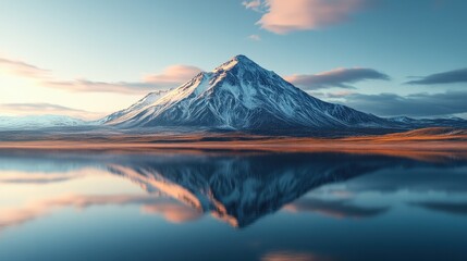 Naklejka premium Majestic snow-capped mountain reflecting in serene lake at sunrise