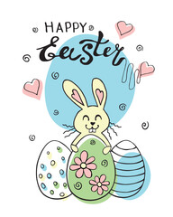 HAPPY EASTER lettering - vector greeting card with cute funny contoured easter bunny and eggs. Hand drawn doodle flat style, isolated