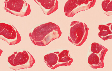 Culinary Canvas: An array of raw, juicy beef cuts arranged in a pattern, showcasing the richness of fresh meat.