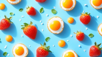 Strawberries and sunny side up candy on blue background with mint and sugar