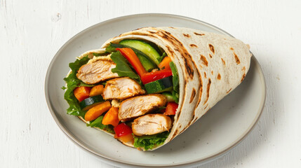 Grilled chicken wrap with hummus and fresh veggies on plate