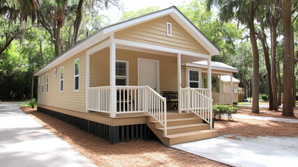 bright and inviting mobile home with welcoming porch surrounded by trees. This serene setting offers perfect retreat in nature