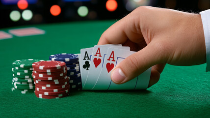 close up of man hand reaching for stack of poker chips while holding two aces. excitement of game is palpable