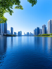 Naklejka premium Calm urban lake reflecting modern skyline