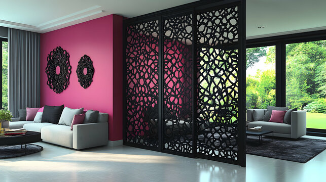 Modern living room divider with intricate design.  Stylish interior featuring a black, decorative room divider with a patterned design.  Pink accent wall and comfortable furniture.  Natural