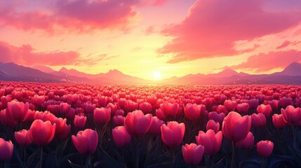 Fototapeta premium Majestic tulip field at sunset with vibrant pink and orange sky