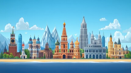 Fototapeta premium Colorful skyline of world landmarks against a clear blue sky