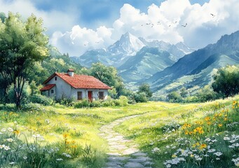 Fototapeta premium Countryside Pathway Leading to a Red-Roofed House