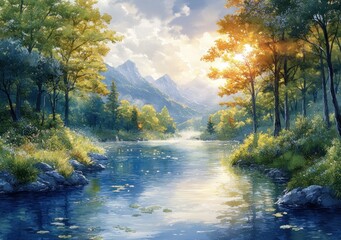 Obraz premium Clear Stream Through Verdant Mountains and Tranquil Countryside