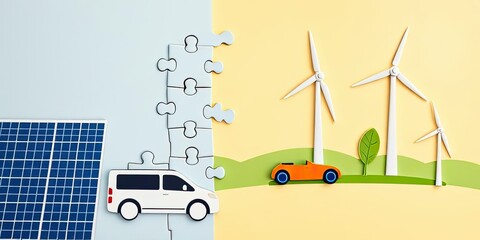 Fototapeta premium Clean Energy Puzzle Solar Wind Power Electric Vehicle