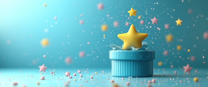 Blue Gift Box with Floating Yellow Stars 3D Render for Rewards Bonus Promotion Loyalty Program