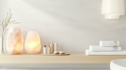 Fototapeta na wymiar Minimalist spa interior with glowing salt lamps, towels, and natural decor on a wooden shelf.