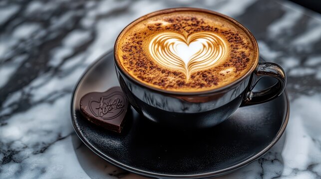 A rich cup of coffee with a beautiful heart-shaped latte art, resting on a dark saucer, with a piece of chocolate on a modern marble countertop, ideal for a coffee break.