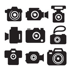  Simple Black Icons set vector of Various Cameras and a Photo Printer
