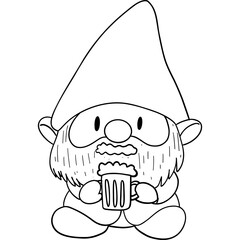 St patricks day Gnome theme, Cheerful gnome with a beard holding a beer mug, designed for coloring. Outline for coloring.