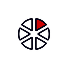 Simple minimalist icon of a sliced pizza, featuring one distinct red slice among others.