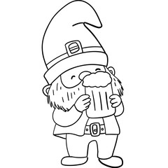 St patricks day Gnome theme, Gnome happily holding a large beer mug, wearing a pointed hat and smiling joyfully. Outline for coloring.