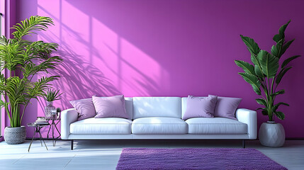 Modern living room with vibrant pink walls and lush greenery