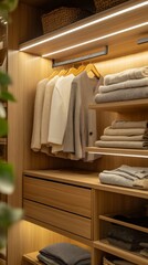 Featuring a streamlined wardrobe with open shelving, the space highlights neatly folded textiles and elegant hanging garments, creating an organized and chic atmosphere