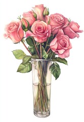 A glass vase containing watercolor roses is shown in isolation on a white backdrop