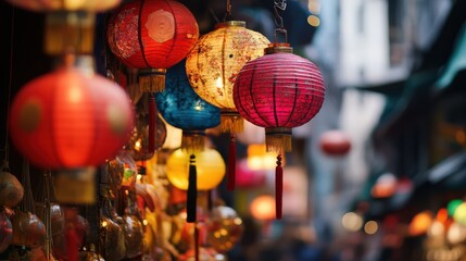 Traditional Asian lanterns hanging in an outdoor market, decorative and colorful paper ornaments illuminated with light, festive atmosphere