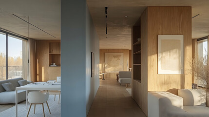 Modern, minimalist apartment interior.  Spacious, light-filled living area with light wood paneling and neutral color palette.  Open floor plan with dining and living spaces