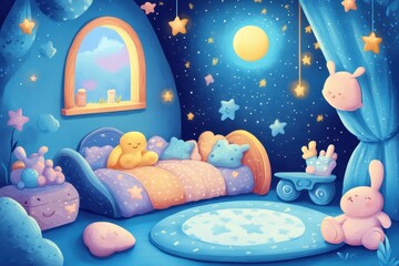 Obraz premium A whimsical cartoon bedroom filled with soft colors and friendly creatures