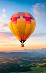 A vibrant hot air balloon floating over a picturesque countryside landscape at dawn