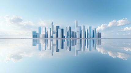 Modern skyline reflected on water under blue sky, showcasing futuristic cityscape.
