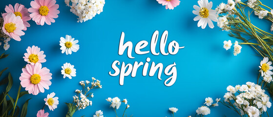 hello spring! cute, colorful flowers design; floral banner with vibrant blue bg