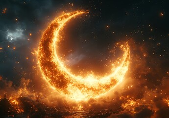 Obraz premium Glowing Fiery Crescent Moon in a Dark Stormy Sky