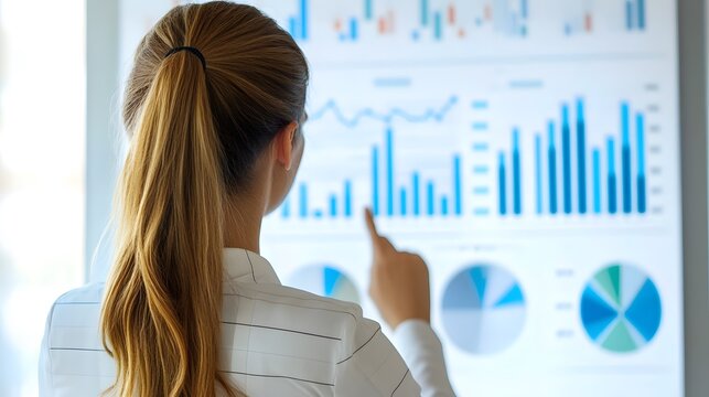 Professional businesswoman presenting statistical analysis graph illustration isolated on white background