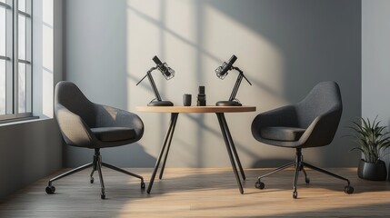 A well-organized podcast recording area with two elegant chairs, a modern table, and two microphones in a clean, minimalist studio