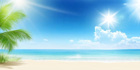 Obraz premium tropical beach with palm trees and clear blue sky. summer theme background. 